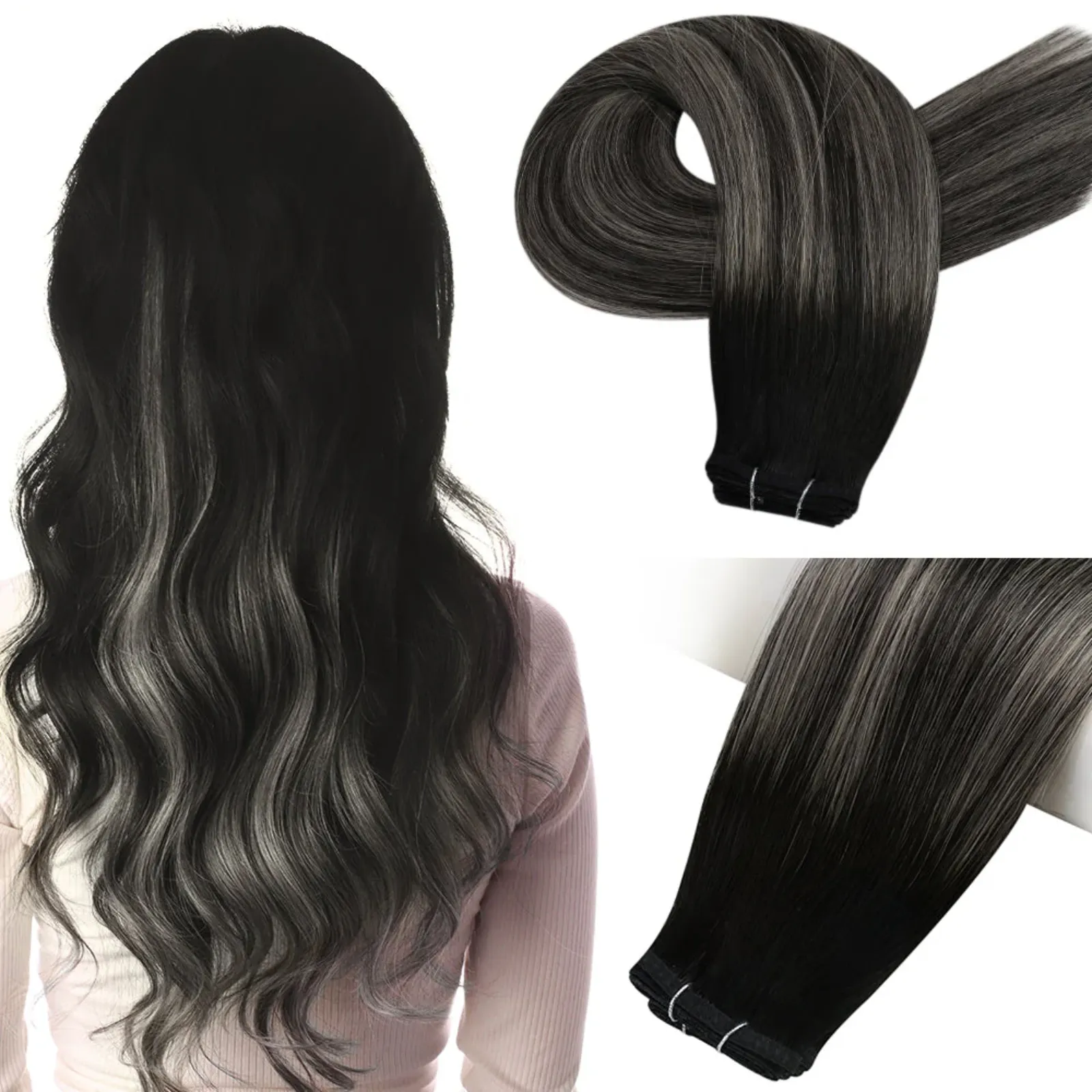 Virgin Flat Silk Weft Hair Extensions Silver Highlights #1B/S/1B
