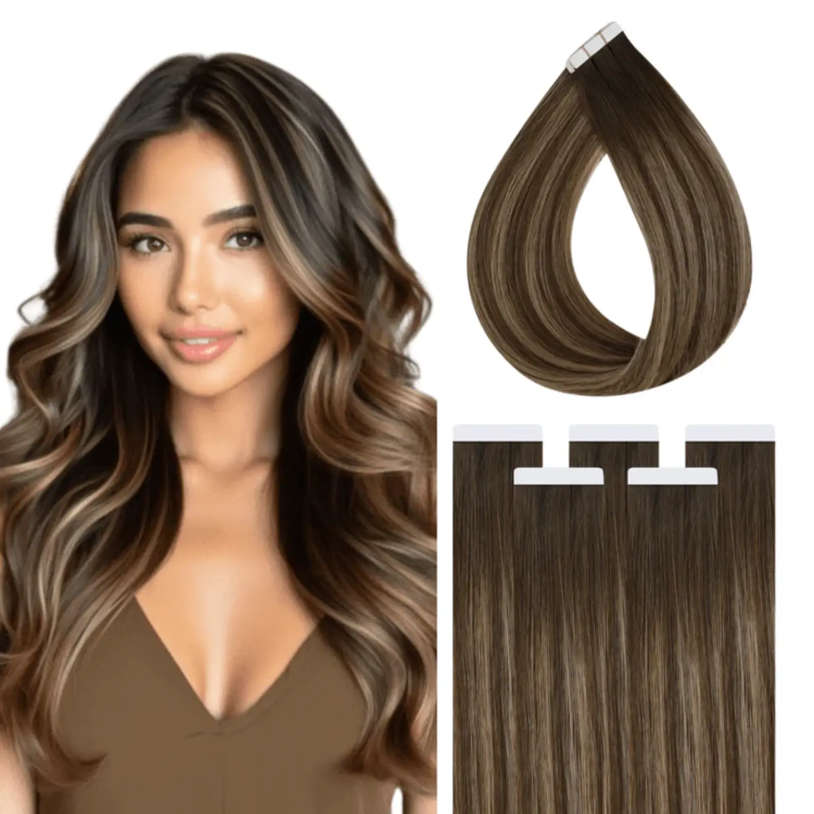 Tape in Hair Extensions 100% Virgin Hair Balayage Highlights #4/27/4