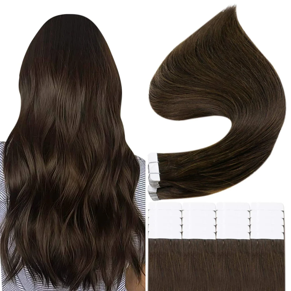 Tape in Hair Extensions 100% remy Human Hair Darkest Brown (#2)