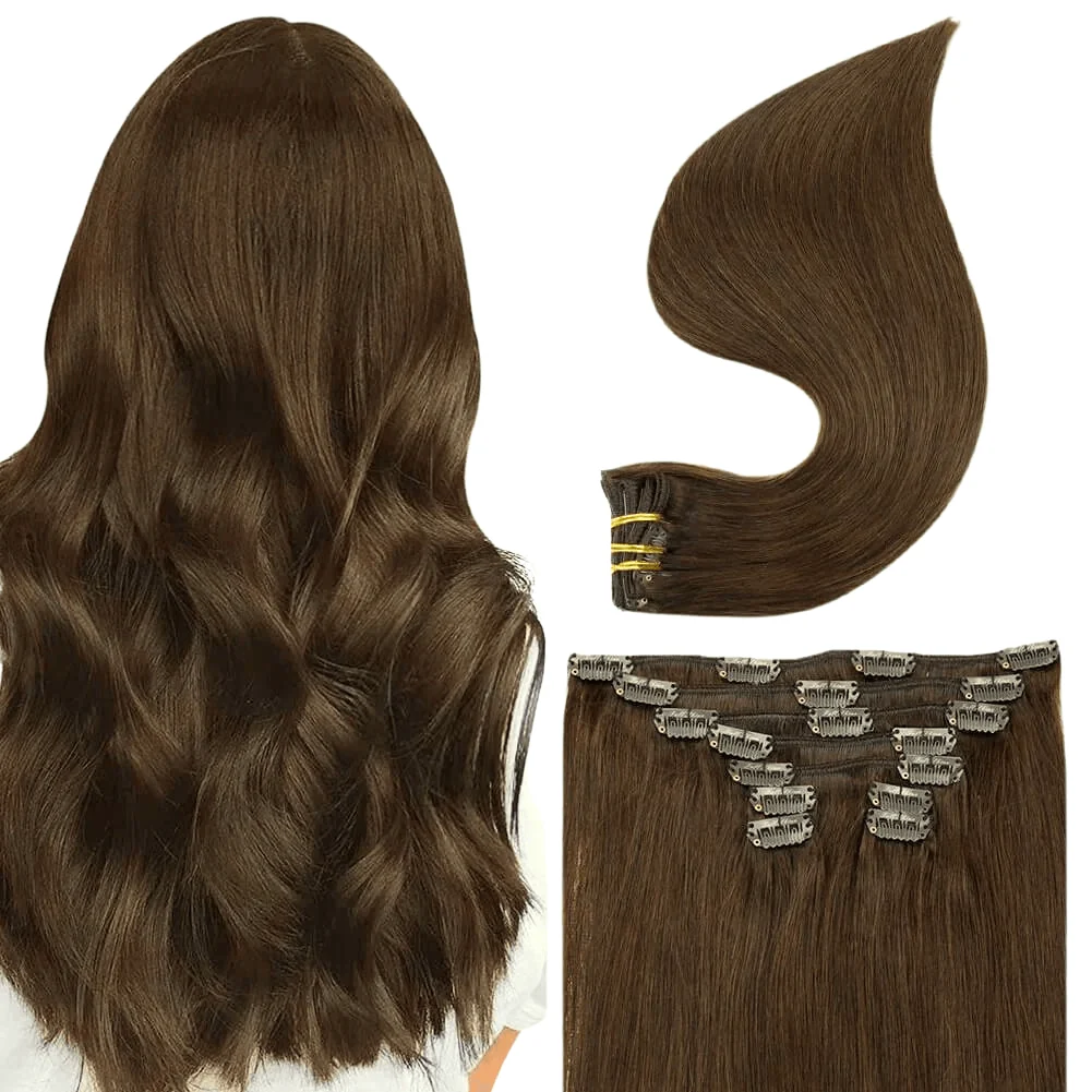 Clip in Extensions 100% Remy Human Hair 7 Pieces Brown (#4)