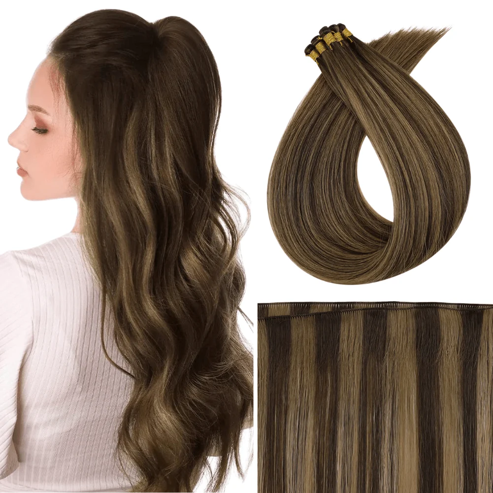 Virgin Hand Tied Weft Hair Extensions Brown Highlights #DU