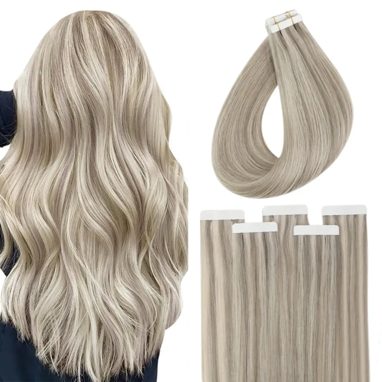 Tape In Hair Extensions Virgin Hair Highlights Ash Blonde #P19/60