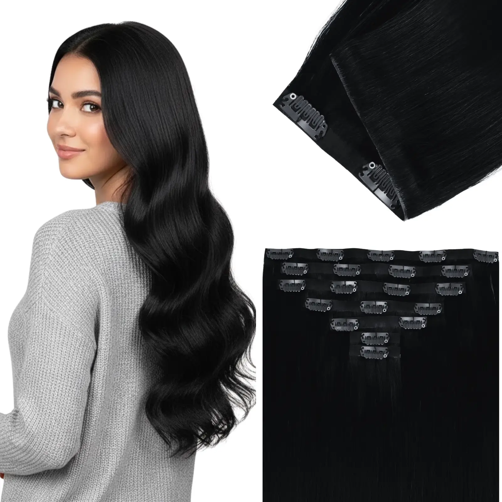 [Pre Order] Injection PU Clip in Hair Extensions Remy Hair Jet Black #1