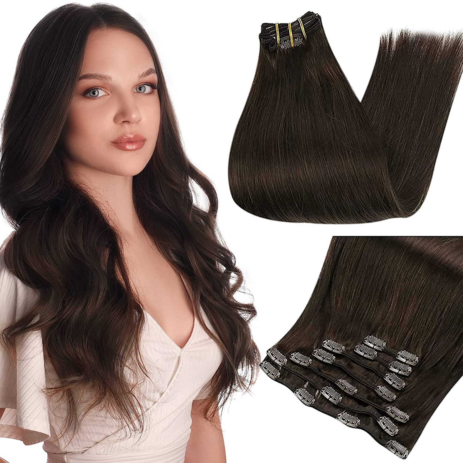 Clip in Extensions 100% Remy Human Hair 7 Pieces Darkest Brown (#2)