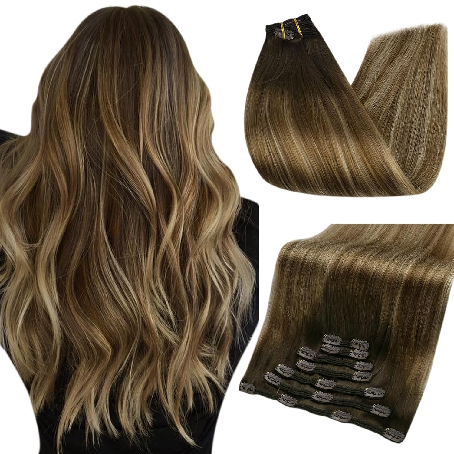Clip in Extensions 100% Remy Human Hair 7 Pieces Balayage Highlights…