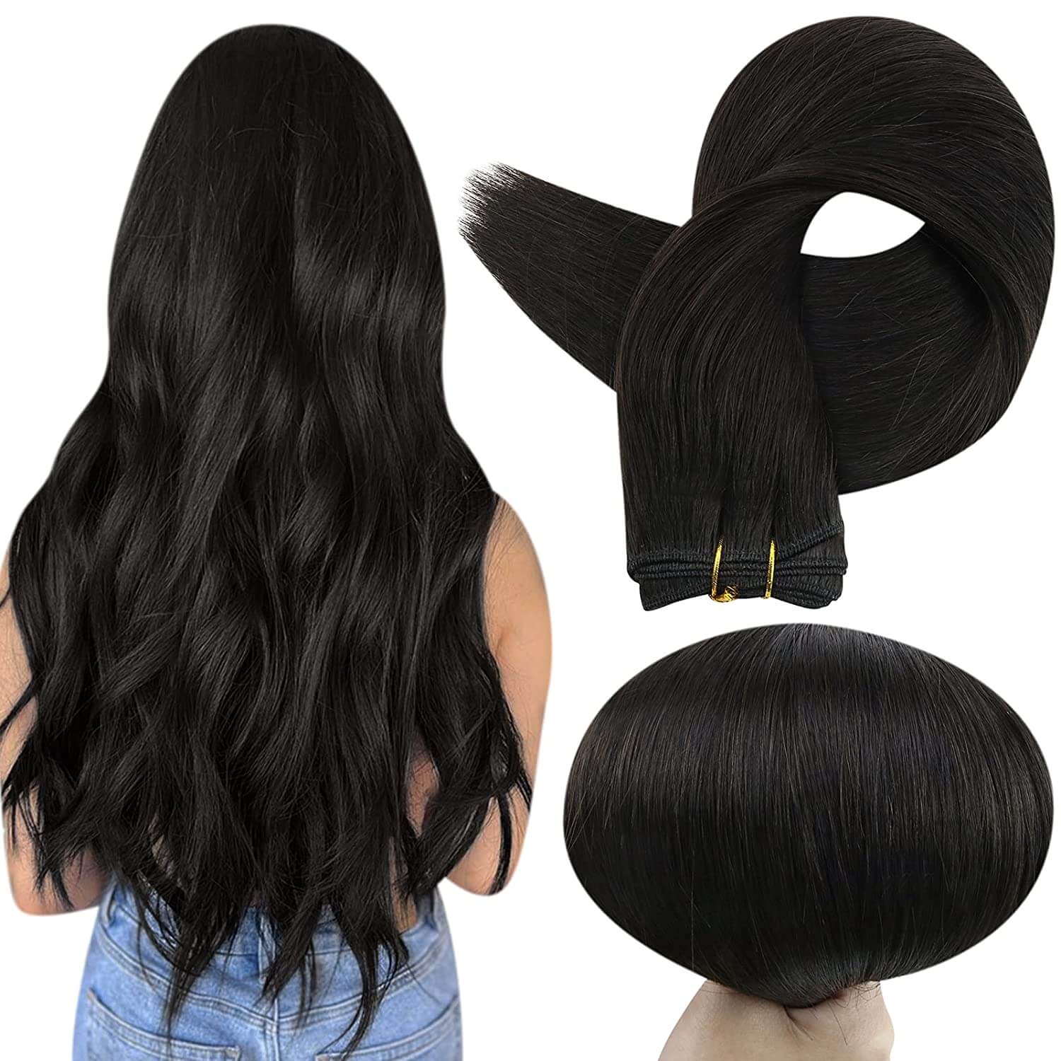 Sew In Hair Weft Bundles 100% Remy Human Hair Off Black (#1B)