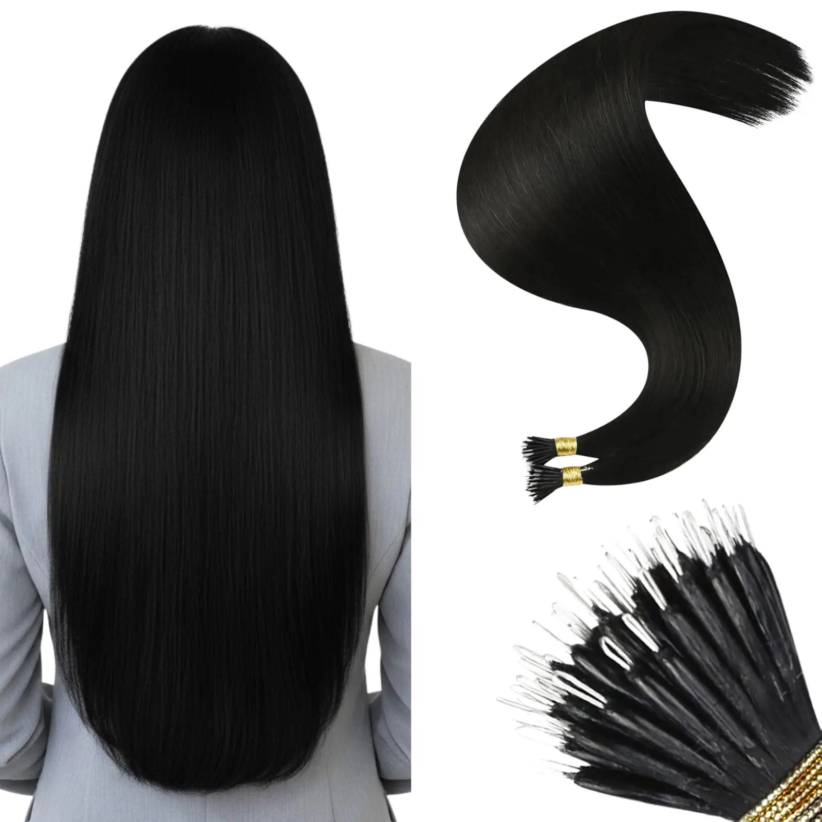 Nano Ring Hair Extensions Remy Human Hair Jet Black #1