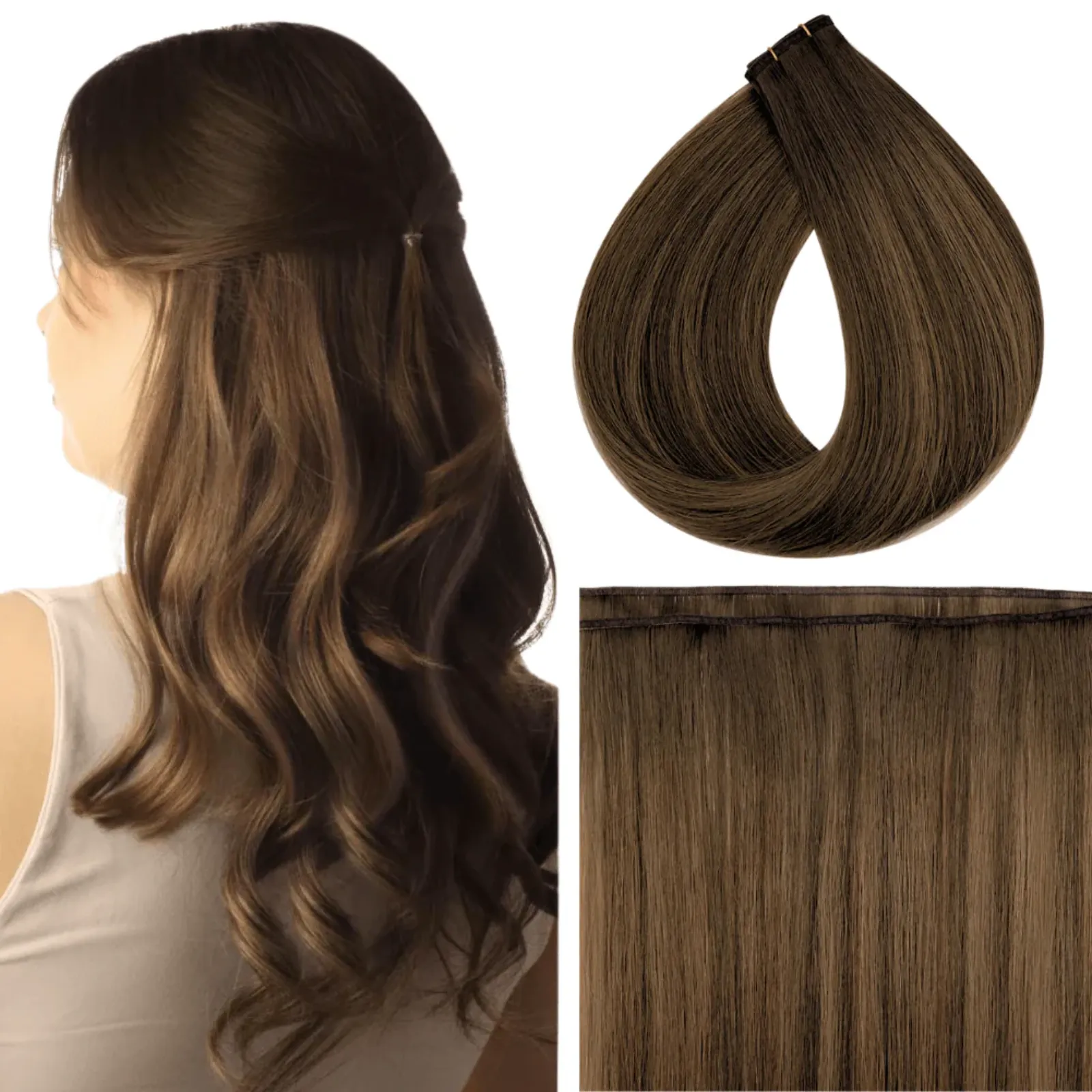 Virgin Flat Silk Weft Hair Extensions Dark Brown Balayage #DU