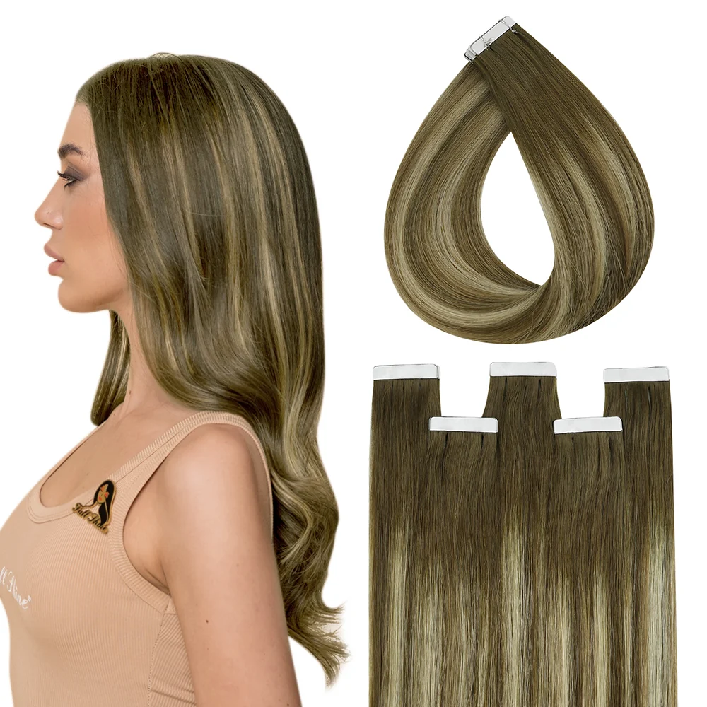 Premium Virgin Hair Tape In Extensions Balayage Brown #4/8/27/4