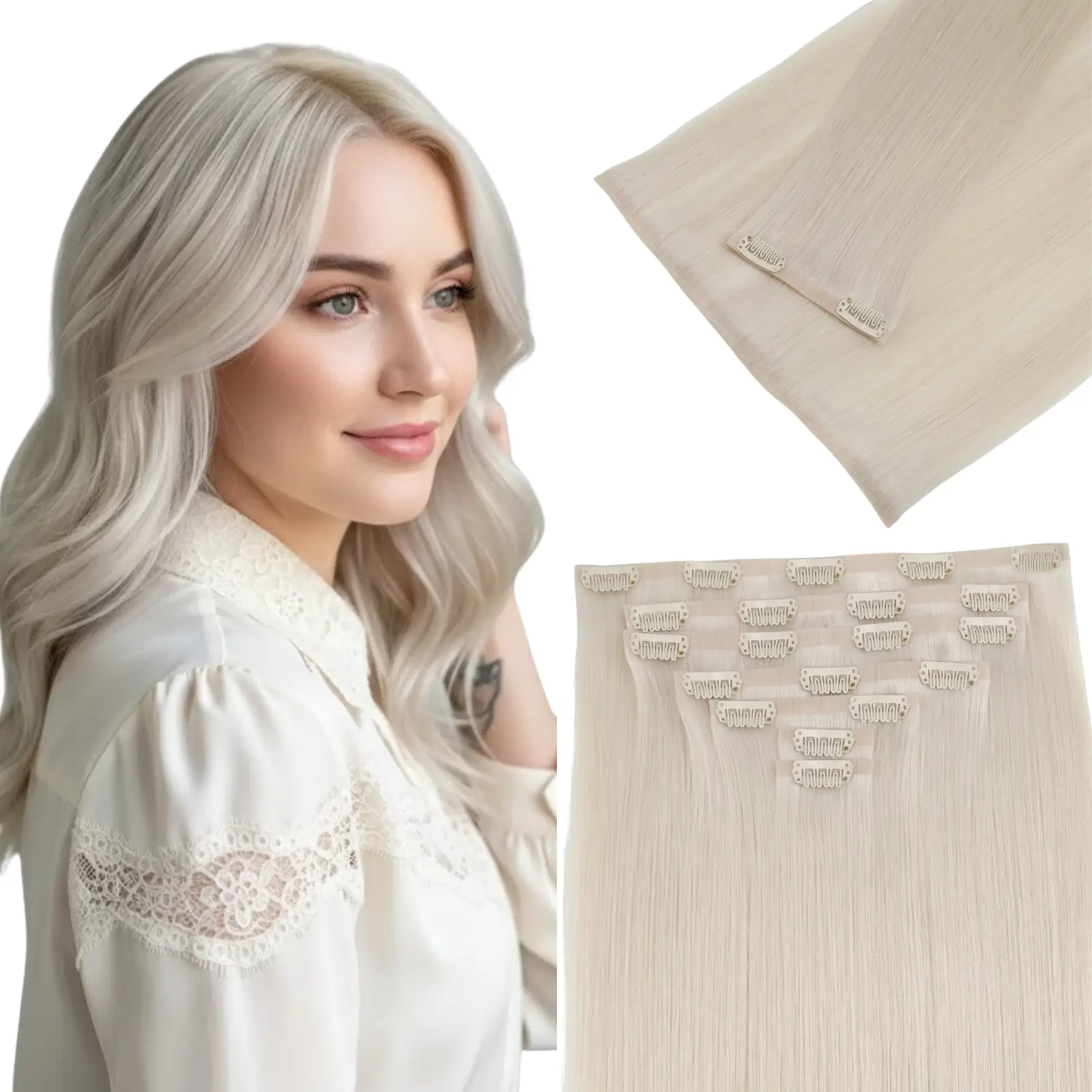 [Pre Order] Injection PU Clip in Hair Extensions Remy Hair Platinum B…