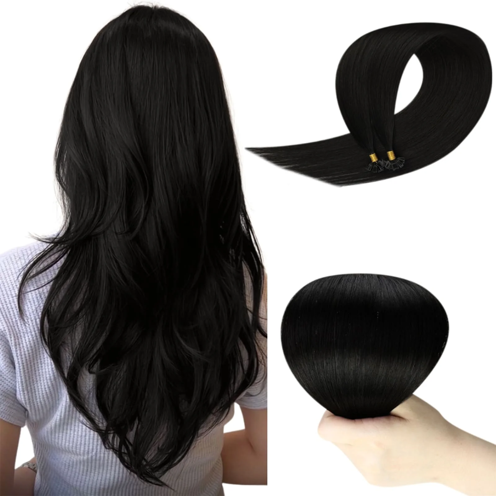 K Tip Hair Extensions for Thin Hair Virgin Hair Off Black #1B