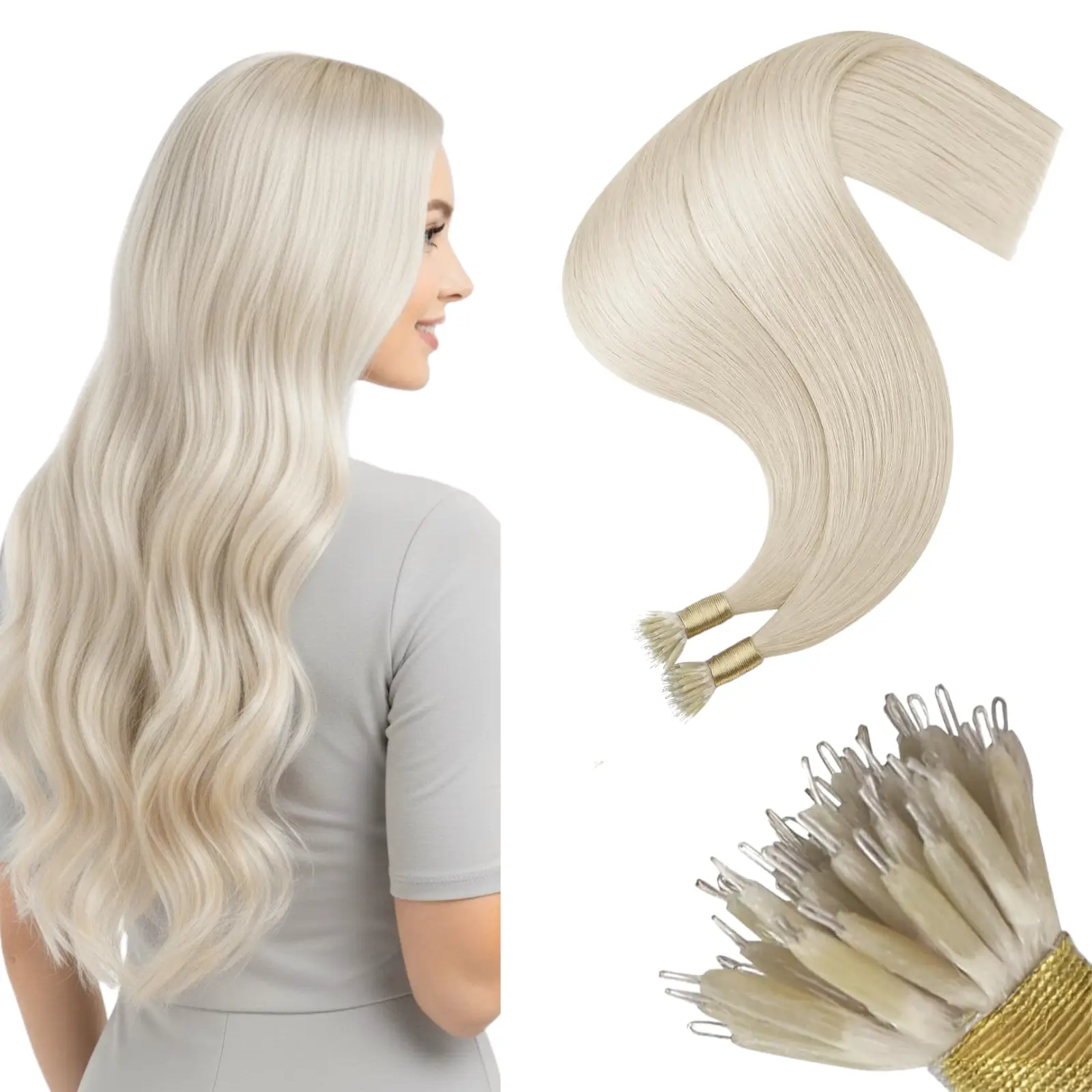 Nano Ring Hair Extensions Remy Human Hair Bleach Blonde #60