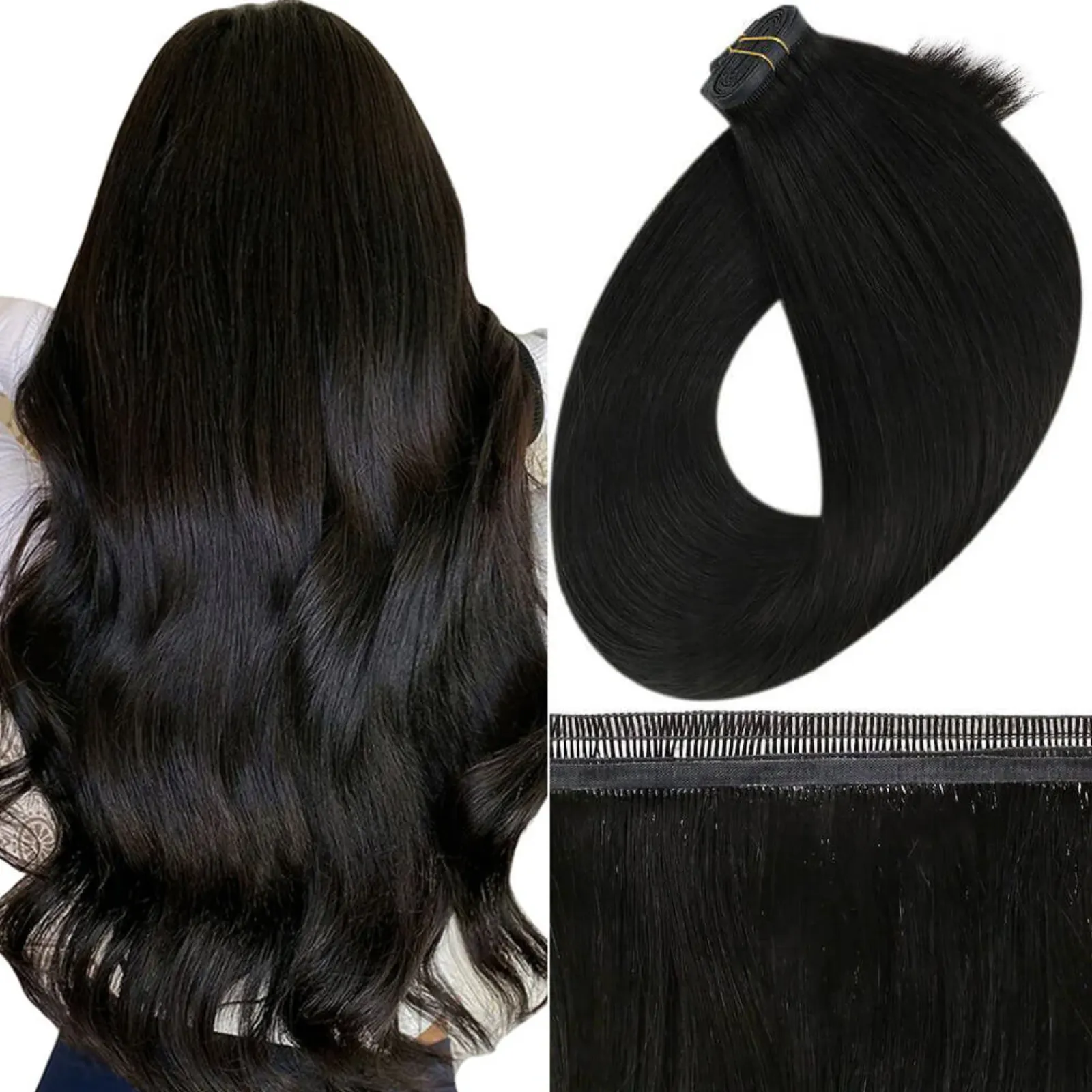 Virgin Flat Silk Weft Hair Extensions Off Black #1B
