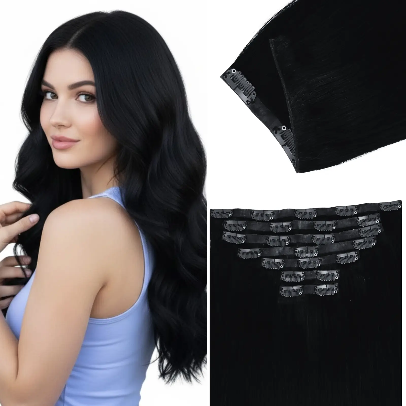 [Pre order] Genius PU Clip in Hair Extensions 7 Pieces Jet Black #1