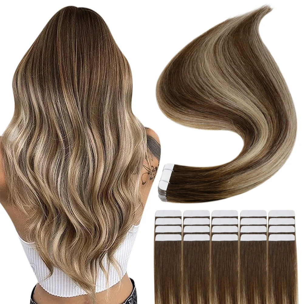 Tape in Hair Extensions 100% remy Human Hair Balayage Highlights (#4/…