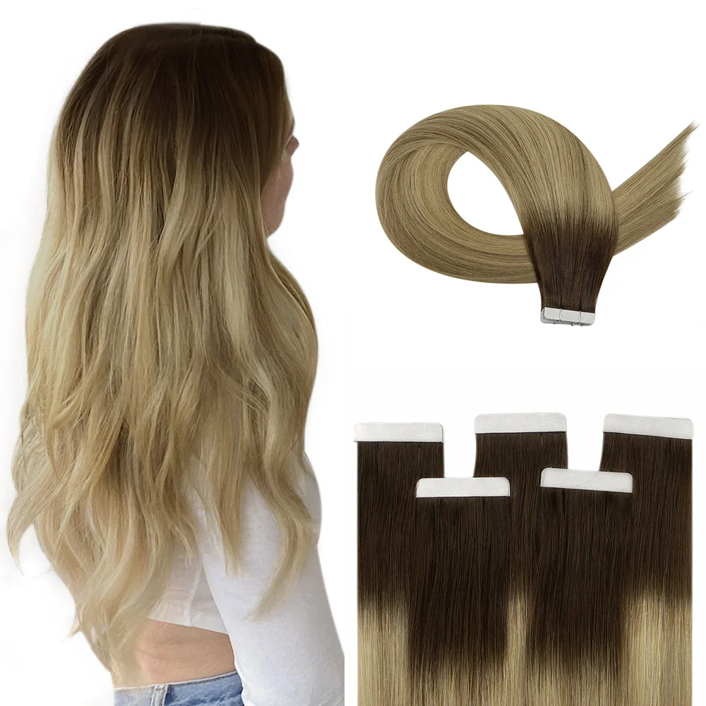 Tape in Extensions Virgin Hair Balayage Brown with Blonde #3/8/22