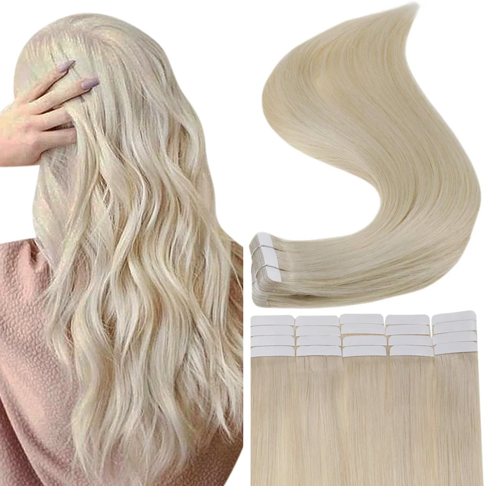 Tape in Hair Extensions 100% remy Human Hair Platinum Blonde (#60)