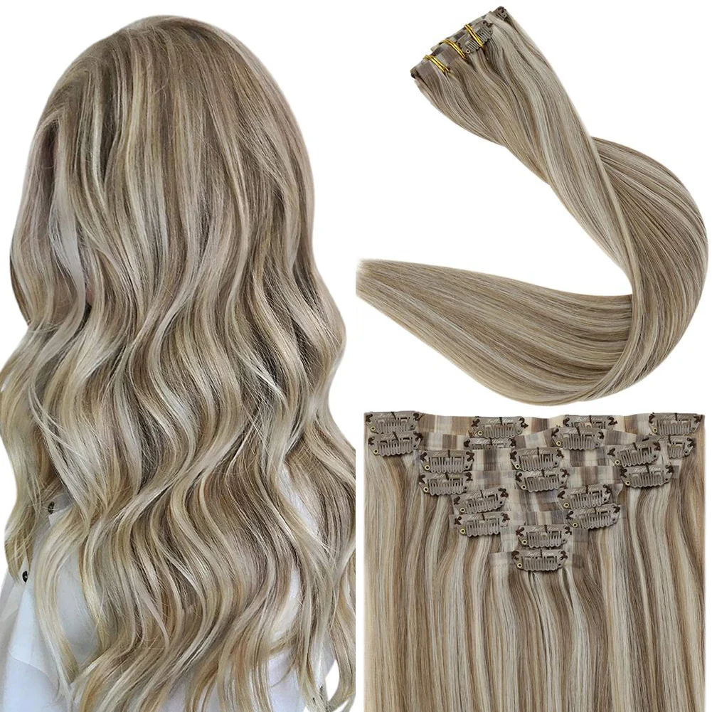 PU Seamless Clip in Extensions 100% Remy Human Hair 8 Pieces Highligh…