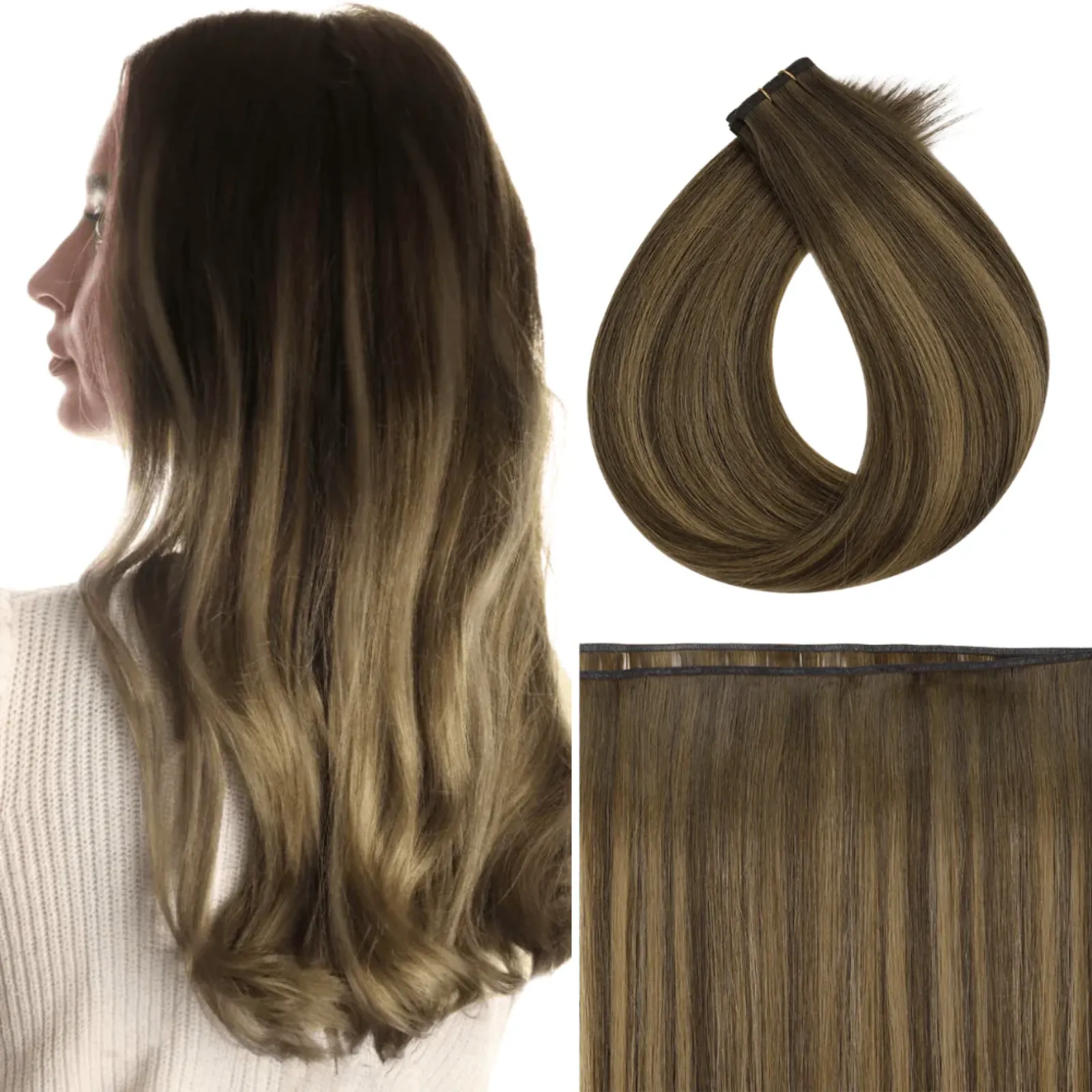 Virgin Flat Silk Weft Hair Extensions Balayage Brown #BM