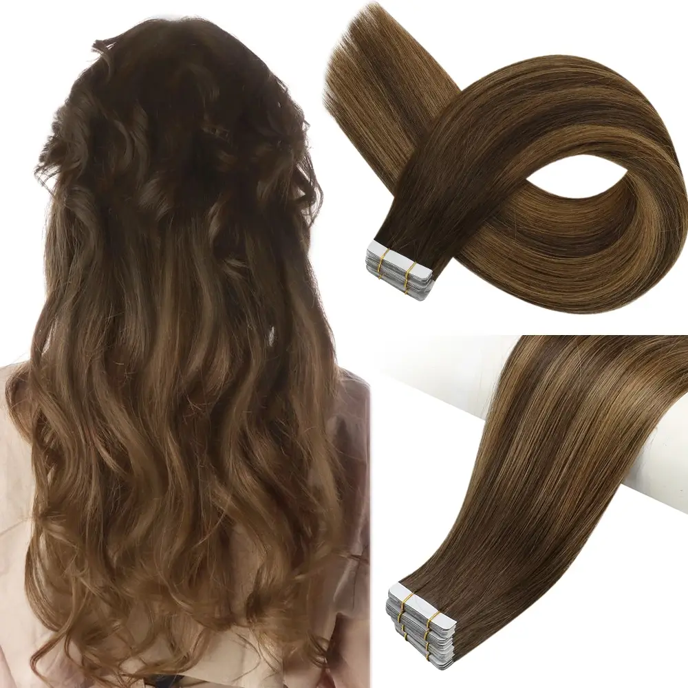 100% Brazilian Virgin Hair Tape In Hair Extensions Balayage Brown #DU
