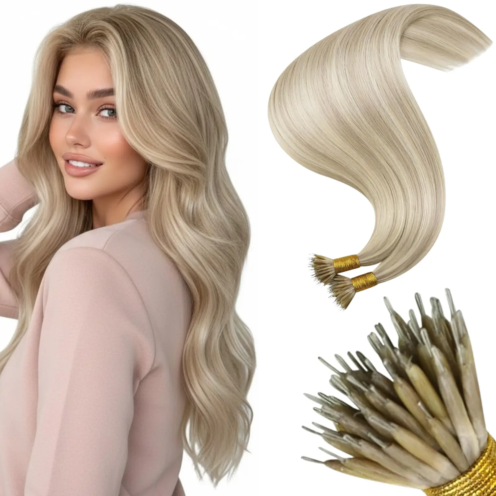 Nano Ring Hair Extensions Remy Human Hair Blonde Lowlights #P18/613